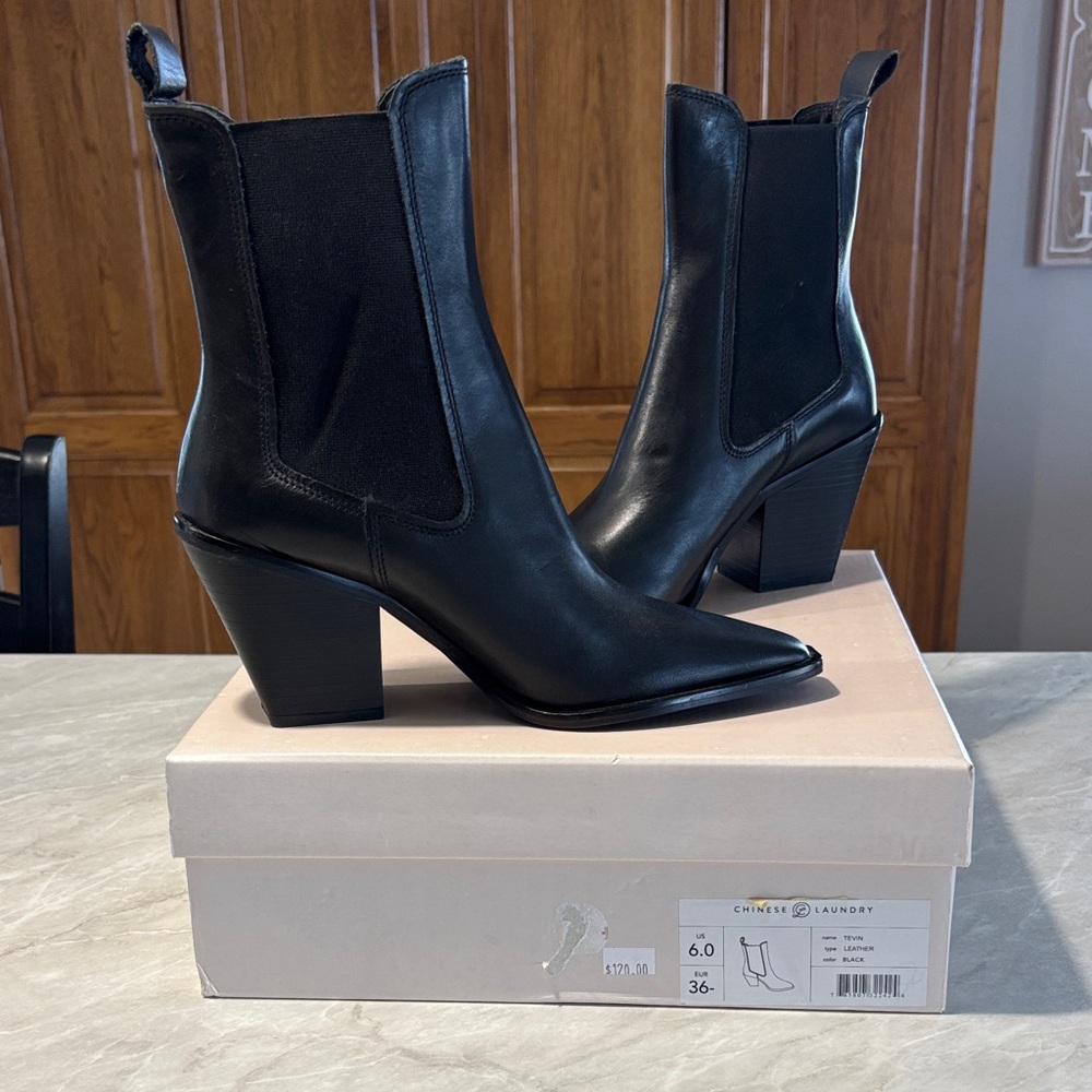 Chinese Laundry Black Pointed Toe Block Heel Tevin Booties